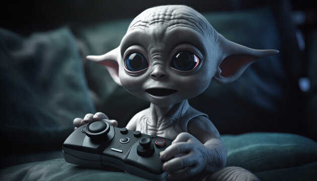 Baby Alien gammer playing games. Baby alien gammer surprised. Creature holding a joystick. Surprise me. Winning a game match. Child gaming.
