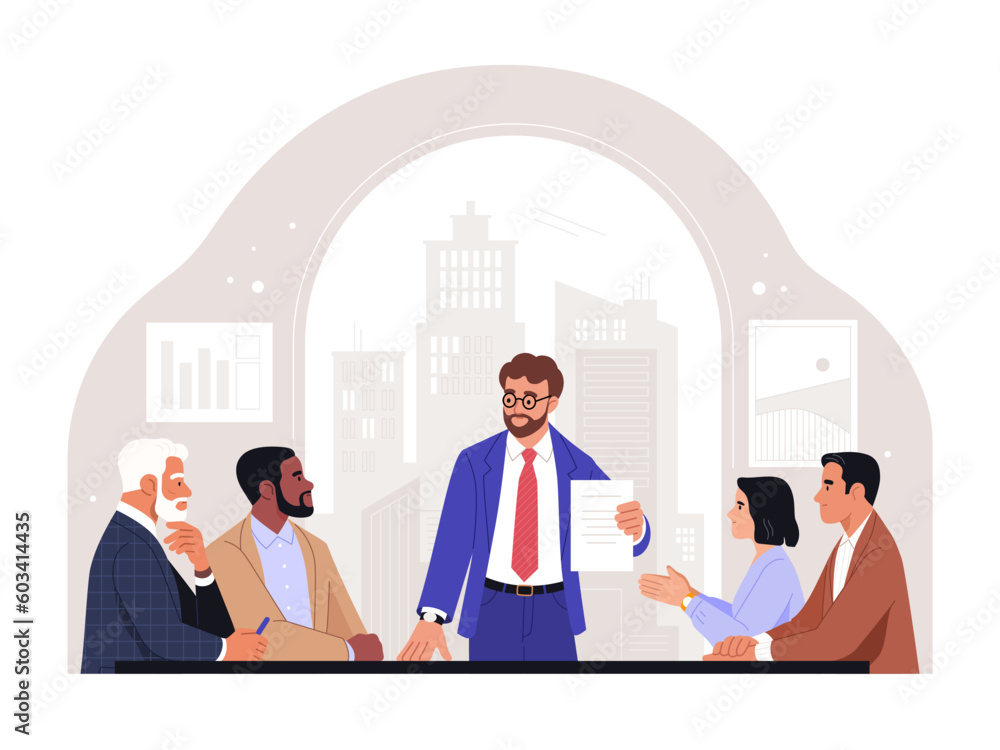 Poster Board of Directors. Vector cartoon illustration in a flat style of a group of diverse people sitting and discussing in an office at a table headed by a manager. Isolated on background with a window