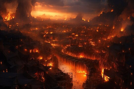 Infernal City, Fiery Pits, Lava Rivers, and Demonic Creatures Amidst the Chaos. Generative AI. Digital Art Illustration