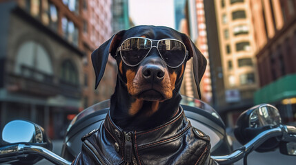 AI badass dog as a biker in New York city riding his bike and look at the camera - obrazy, fototapety, plakaty
