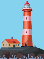 Lighthouse On Rock Stones, High lighthouse building on rocky shore icon. Coastal lighthouse lantern building,