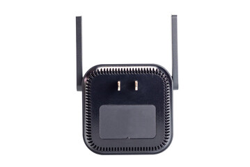 Back side of wi-fi signal extender with two adjustable antennas and pin for plugging into electric...