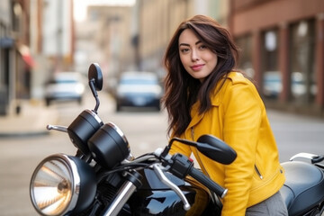 Biker asian girl in yellow leather jacket on a motorcycle. Generative AI.