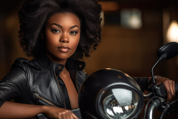 African american biker girl in a black leather jacket on a motorcycle. Generative AI.