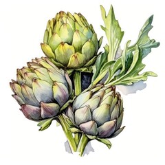 Artichokes in watercolor style with ink outline on white background (generative AI)