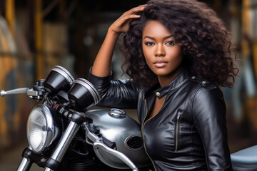 Fototapeta na wymiar African american biker girl in a black leather jacket on a motorcycle. Generative AI.