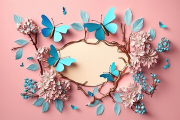 Obraz na płótnie Canvas Beautiful branches of almonds and blue butterflies on a pink background. AI generated