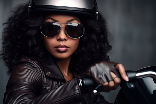 African american biker girl in a black leather jacket, sunglasses on a motorcycle. Generative AI.