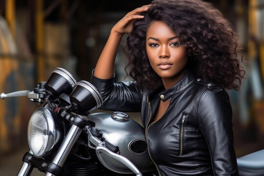 African american biker girl in a black leather jacket on a motorcycle. Generative AI.