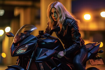 Biker girl in a leather jacket on a motorcycle. Generative AI.