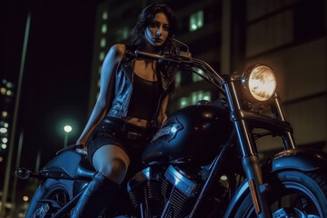 Naklejka premium Biker girl in a leather jacket on a motorcycle. Generative AI.