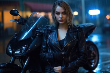 Obraz na płótnie Canvas Biker girl in a leather jacket on a motorcycle at rain. Generative AI.
