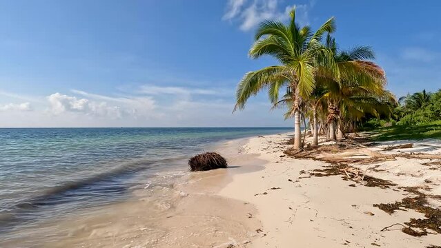Walking on a tropical sandy beach with the ocean waves lapping against the shore and green palm trees to the right