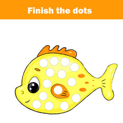 Educational children's game. Color the dot for kids and toddlers. Animal theme, cartoon fish. Motor skills worksheet for preschoolers