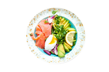 Brunch with poached egg, avocado, arugula, flax seeds and salted salmon isolated flatlay, horizontal. copy space