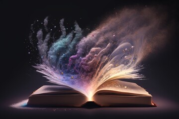 Open book with magical dust floating over it. Magical book, wisdom, fairytale. Generative AI