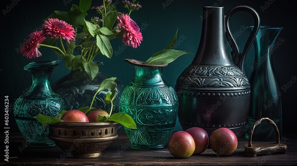 Poster a table topped with vases filled with flowers and fruit. generative ai