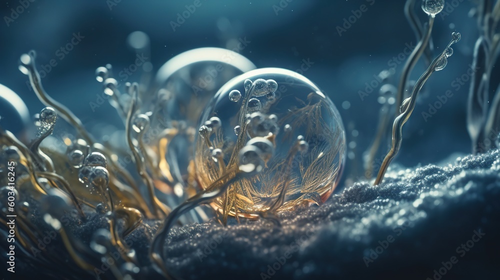 Poster a group of bubbles floating on top of a snow covered ground. generative ai