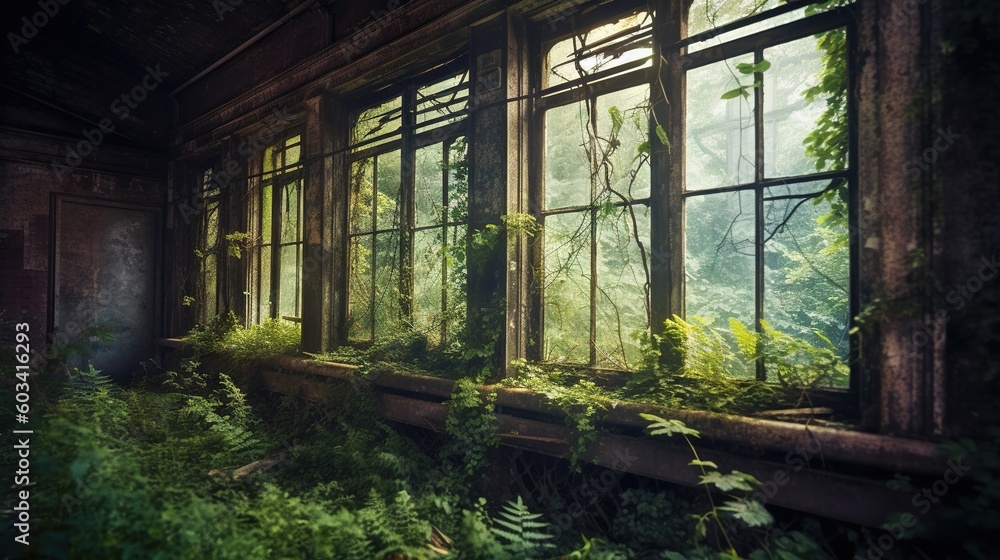 Aufkleber a window in an abandoned building with plants growing out of it. generative ai