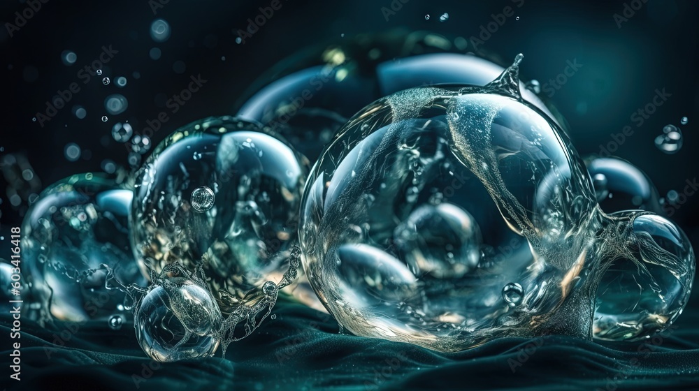 Poster a group of bubbles floating on top of a blue surface. generative ai