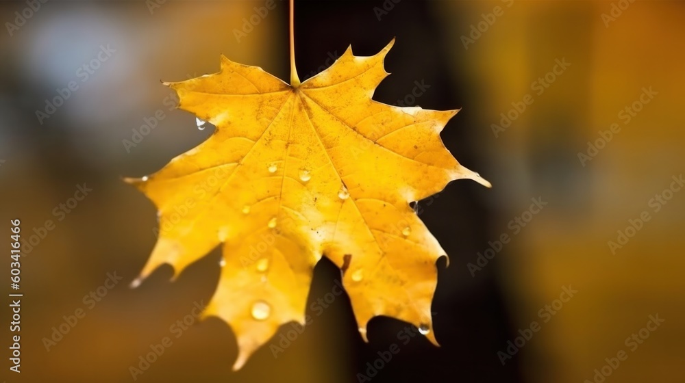 Poster yellow maple leaf close up on blurred background. generative ai.