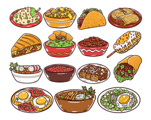 Set of Mexican traditional food hand-drawn illustration