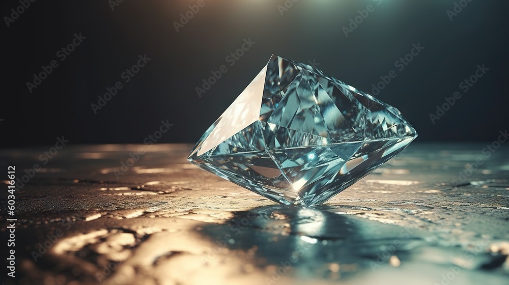 Poster a very pretty diamond on a table with some light shining on it. generative ai