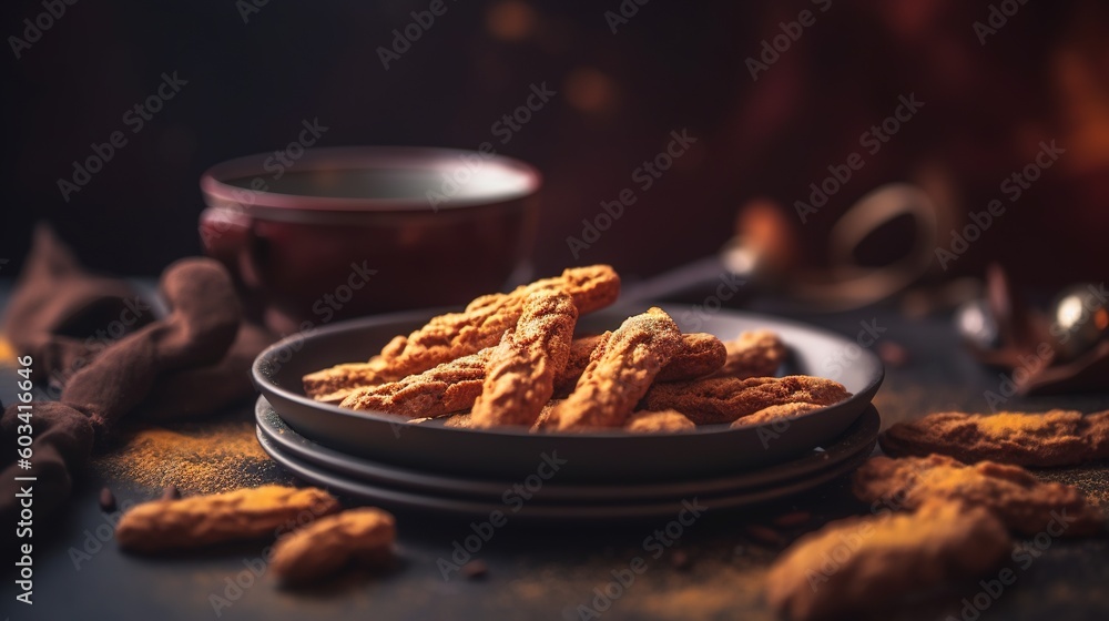 Poster a plate of crackers on a table with a bowl of dipping sauce. generative ai