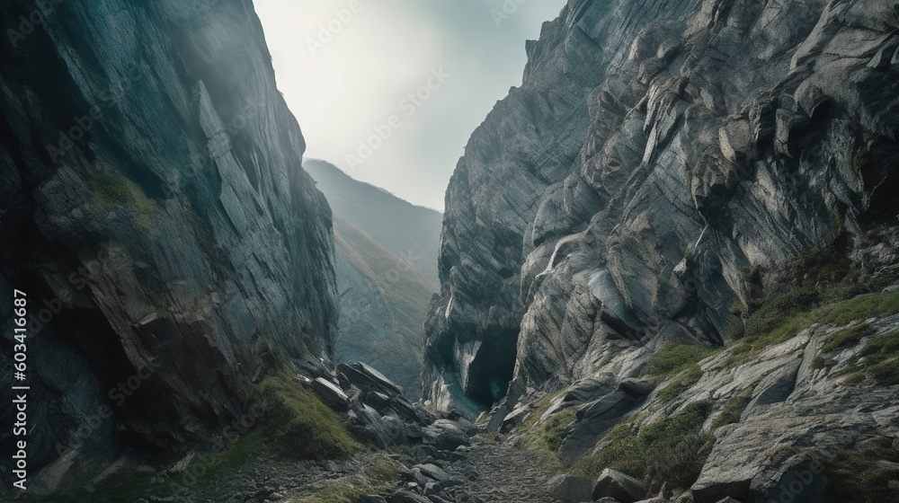 Poster a rocky mountain with a narrow path between two large rocks. generative ai