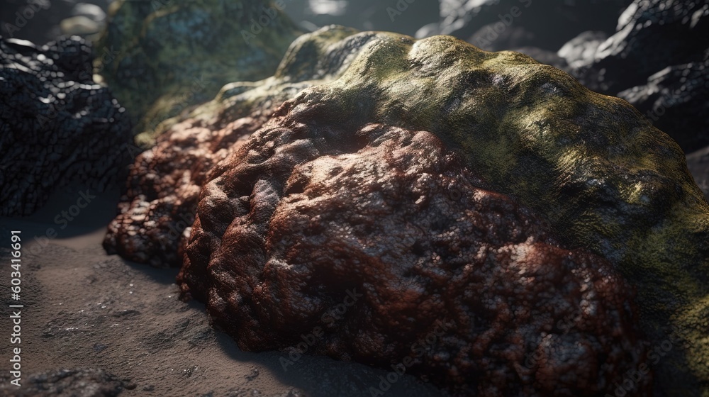Poster a rock with moss growing on it in the middle of a field. generative ai