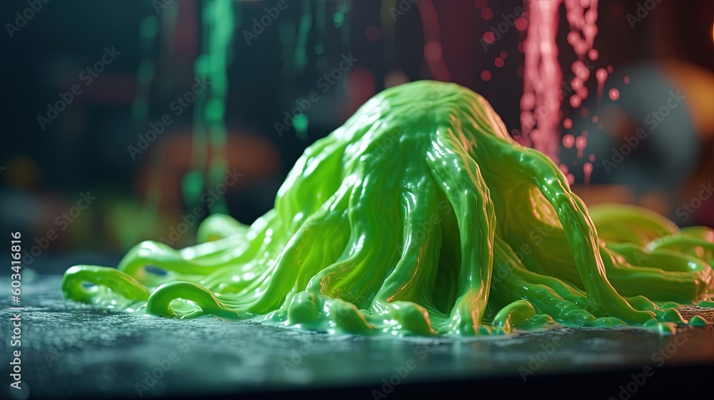 Poster a close up of a green substance on a table top. generative ai