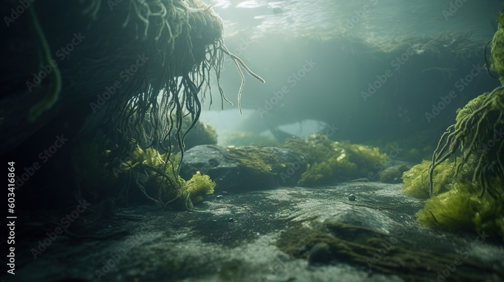 Poster a stream running through a green forest filled with plants and rocks. generative ai