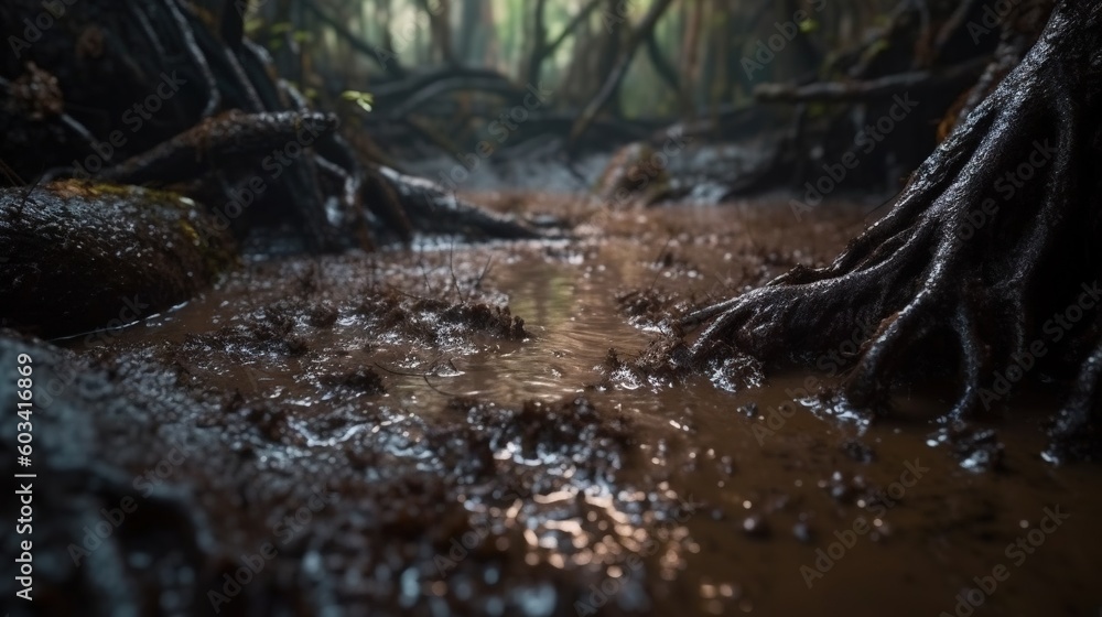 Poster a small stream running through a forest filled with trees