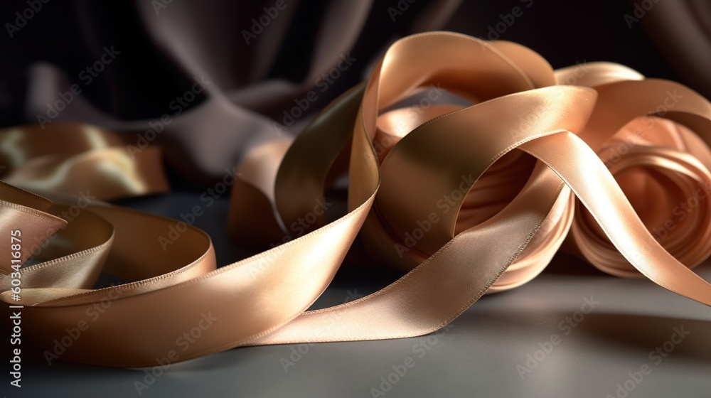 Poster a close up of a ribbon on a table with a black background. generative ai