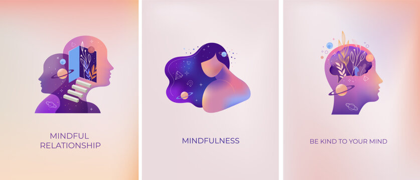 Psychology, Dream, Mental Health concept collection of illustrations. Brain, neuroscience and creative mind poster, cover