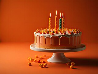 birthday cake with candles on soft orange background. ai generative