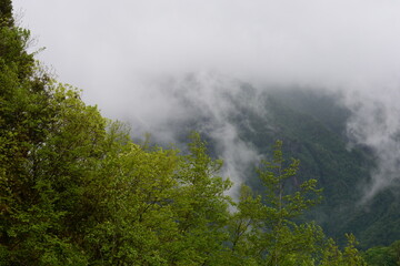 PAESAGGIO MONTANO CON NEBBIA,GIFFONI VALLE PIANA,SUD ITALIA,15 MAGGIO 2023.