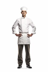 Illustration of a confident chef standing with arms crossed in his uniform on a white background. created with Generative AI technology