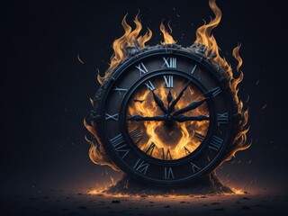 Clock on fire. clock face consumed as time black background. ai generative