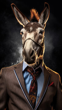 Donkey dressed in an elegant modern suit with a nice tie. Fashion portrait of an anthropomorphic animal, shooted in a charismatic human attitude - Generative AI