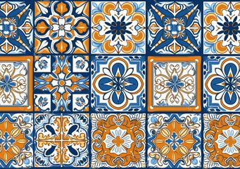 typical colorful sicilian floor and wall tiles in different patterns and design in blue, yellow and white color, pattern with mosaic - obrazy, fototapety, plakaty