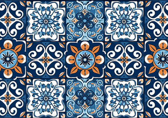 typical colorful sicilian floor and wall tiles in different patterns and designs mainly in blue, and white color	 - obrazy, fototapety, plakaty