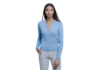 Cute enthusiastic woman has slim figure, wears casual jumper and white jeans, keeps hand in pocket, stands confident, walks with friends, has pleasant conversation, poses against blue background