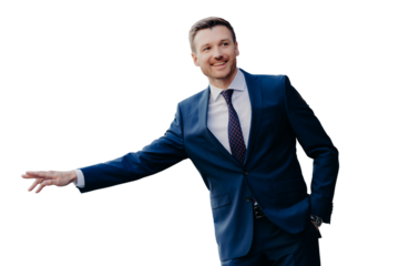 Glad satisfied unshaven businessman in formal clothing, makes stop gesture while stands near restaurant outdoor, has gentle smile on face, confident in his success. People and lifestyle concept