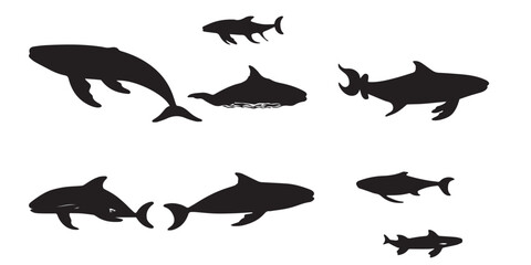 A group of animals that are black and white silhouette vectors.