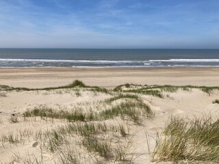 Fototapeta na wymiar Blick über die Dünen und den Strand an der Nordsee in Holland in Noordwijk 