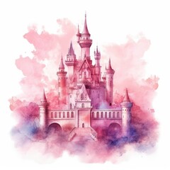 An isolated illustration of a pink watercolor castle. (Generative AI)