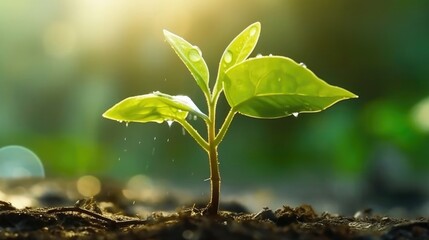 A young plant growing up with rainwater in sunlight. (Generative AI)