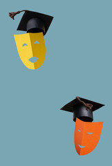 colored paper theatrical masks and alumni caps flying on a blue background, copy space