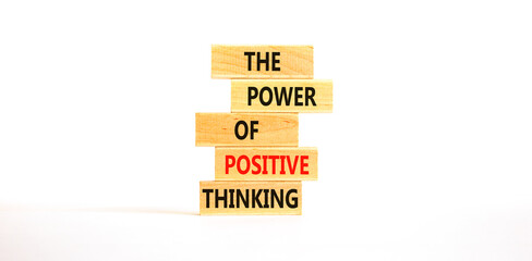 Positive thinking symbol. Concept words The power of positive thinking on wooden block. Beautiful white table white background. Business, motivational positive thinking concept. Copy space.